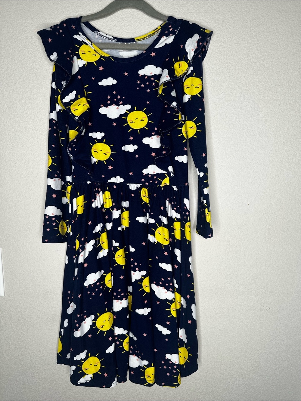 Dot Dot Smile Girls Navy Sun & Clouds Ruffle Long Sleeve Twirl Dress EUC